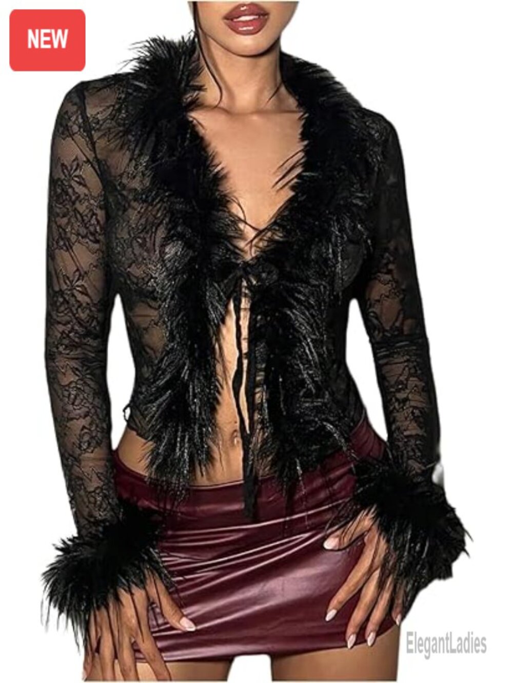 Faux Fur Fuzzy Long Sleeve Mesh Lace Open Front Y2k Crop Tee